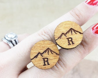 Mountain Wood Cufflinks With Initials, Personalized Cuff links Gift for Groom or groomsmen for rustic outdoorsy wedding, engraved wooden