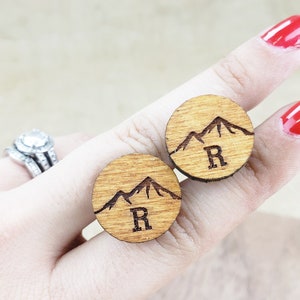 Mountain Wood Cufflinks With Initials, Personalized Cuff links Gift for Groom or groomsmen for rustic outdoorsy wedding, engraved wooden