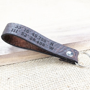 Personalized Custom Leather Keychain, coordinates keychain longitude latitude keychain, Brown Leather Key Chain, GPS personalized keychain
