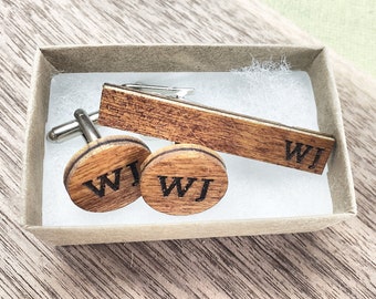 Personalized Tie Clip and Cufflink set Gift for Groom personalized tie bar Groomsmen Gift Wooden CuffLinks Engraved wood Cuff Links