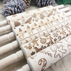 Christmas Baking Embossed Rolling Pins Holiday Cookie Stamps Gifts for Bakers Engraved Wood Rolling Pin Pattern Print Cookie Cutters