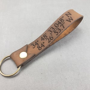 Personalized Leather Keychain GPS Coordinates Keychain - Etsy