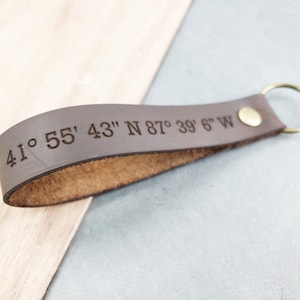 coordinates keychain leather personalized key ring with coordinates gift for husband leather anniversary