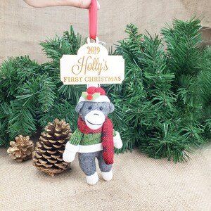 Baby&#39;s first christmas ornament monkey stuffed animal knit ornament personalized with baby name gift for new born babyshower first birthday