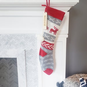 Knit Christmas Stockings Red White Gray Scandinavian Nordic Knitted Reindeer snowflake sweater Holiday theme Kids Adults Personalized