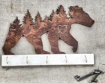 Gepersonaliseerde sleutelrek, sleutelhouder, sleutelhangerhouder, sleutelhaken, muur sleutelhouder, housewarming cadeau, sleutelorganisator entree Bear Wood initialen