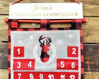 Advent Calendar Buffalo Plaid Deer Felt personalized with name - Christmas Countdown Calendar for Kids