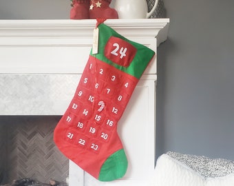 Personalized Advent Calendar Reusable Refillable Felt Advent Christmas Countdown Jumbo Christmas Stocking Santa Sack Reusable Wood