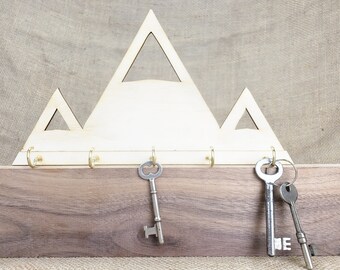 Mountain Key Holder: Wood Key Rack with 5 Gold Hooks