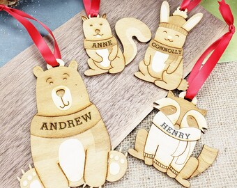 Woodland Animal Christmas Ornaments Rustic Christmas Tree Ornament Personalized Baby's Name Ornament Bear Rabbit Raccoon Squirrel First xmas