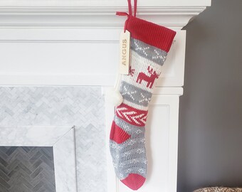 Knit Christmas Stockings Red White Gray Scandinavian Nordic Knitted Reindeer snowflake sweater Holiday theme Kids Adults Personalized