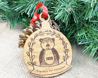 Baby Bear Christmas Ornament, Baby's First Christmas, Personalized Wood Ornament, Woodland Animal Hand Drawn Rustic Keepsake