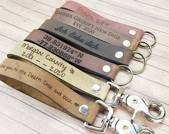 Personalized Leather Keychain, Custom Leather Engraved Key Fob, Colorful Leather Key Chain, 3rd Anniversary Gift Wedding Bridesmaids Gift