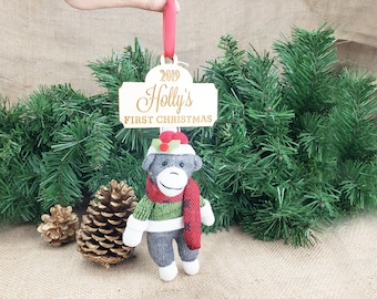 Baby's first christmas ornament monkey stuffed animal knit ornament personalized with baby name gift for new born babyshower first birthday