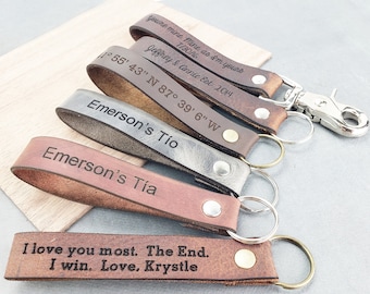 Personalized Leather Engraved Key Fob, Custom Leather Keychain, Colorful Leather Key Chain, 3rd Anniversary Gift Wedding Bridesmaids Gift