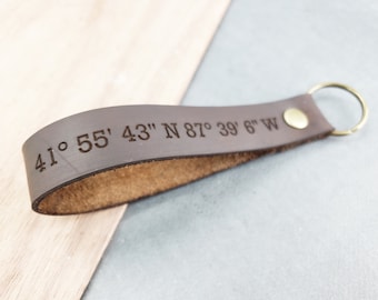 coordinates keychain leather personalized key ring with coordinates gift for husband leather anniversary