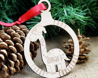 Baby's First Christmas Ornament Personalized Dinosaur, Baby Boy Newborn Gift Idea, Rustic Holiday New Parent or Grandparent Stocking Stuffer