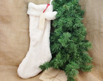 white fur Christmas Stocking cream Faux Fur Trim Personalized Christmas Stockings with wood tag and red ribbon and faux fur pom poms