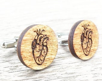 Anatomical Heart Cufflinks Engraved Wooden Cuff Links Bride's Gift to Groom Wedding Anniversary Gift For Doctor Med Student Medical Graduate