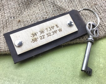 personalized keychain for men wood key chain for men coordinates keychain gift GPS longitude latitude anniversary gift housewarming