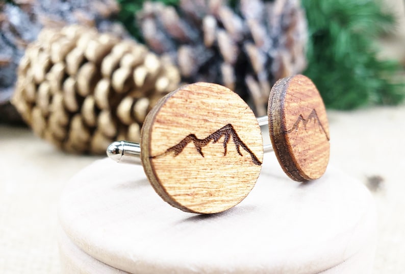 Mountain Cufflinks Wood Cuff Links with Mountains for Outdoorsy Guys, Small Gift for Men Who Like Hiking, Wooden Cufflinks Mountain Man image 2