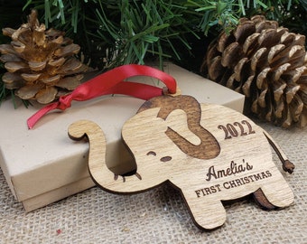 Baby's First Christmas Elephant Ornament, Personalized Wood Keepsake Newborn Baby Gift 2025, Wooden tree decor custom pregnancy announcement