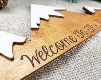 Personalized Mountain Sign Wood Welcome Sign Custom Wood Sign Rustic Cabin Decor Personalized Man Cave Sign Established Camper Lake House