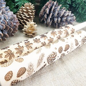 Embossed Rolling Pin SET Thanksgiving Cookie Stamp, Engraved Wooden Rolling Pin, Fall Baking Autumn Leaves, Pinecones, Nature Cookie Stamps