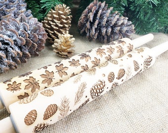 Embossed Rolling Pin SET Thanksgiving Cookie Stamp, Engraved Wooden Rolling Pin, Fall Baking Autumn Leaves, Pinecones, Nature Cookie Stamps