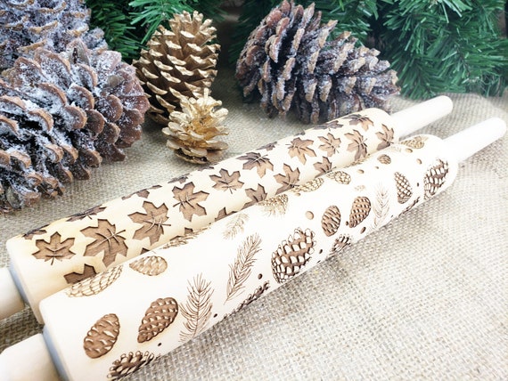 Embossed Rolling Pin SET Thanksgiving Cookie Stamp, Engraved Wooden Rolling Pin, Fall Baking Autumn Leaves, Pinecones, Nature Cookie Stamps