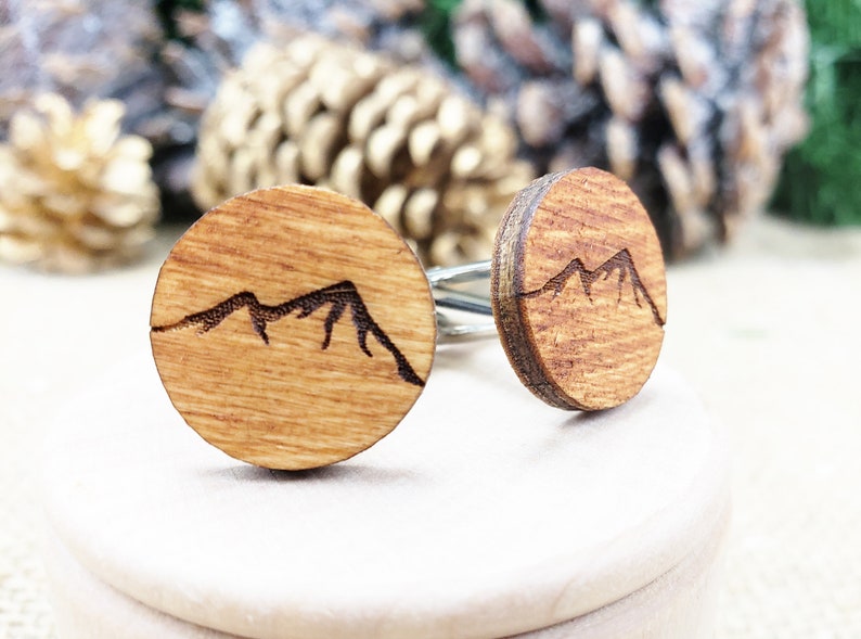 Mountain Cufflinks Wood Cuff Links with Mountains for Outdoorsy Guys, Small Gift for Men Who Like Hiking, Wooden Cufflinks Mountain Man image 6