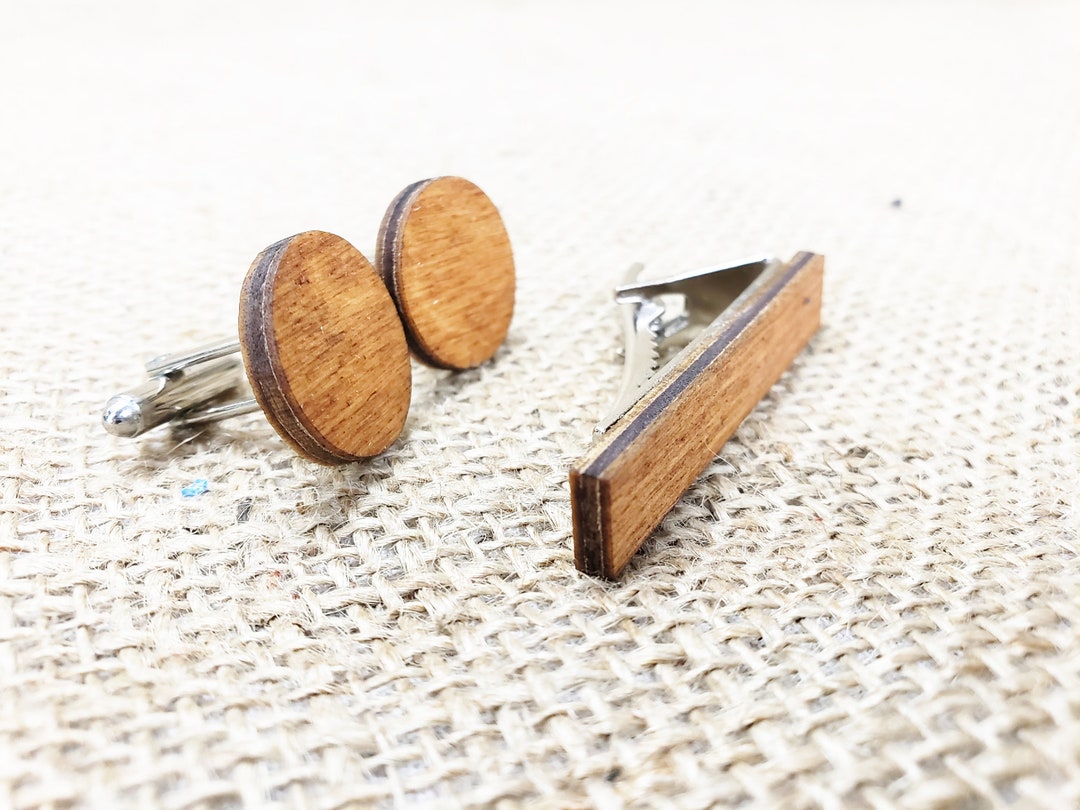 wooden tie clip and cufflinks