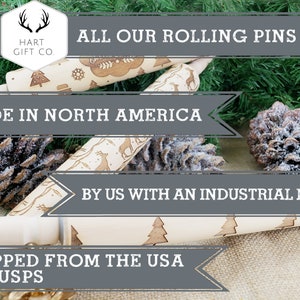 May include: Two wooden rolling pins with laser-etched designs of Christmas trees, snowflakes, and deer. The text "ALL OUR ROLLING PINS ARE: MADE IN NORTH AMERICA BY US WITH AN INDUSTRIAL LASER SHIPPED FROM THE USA VIA USPS" is displayed on the image.