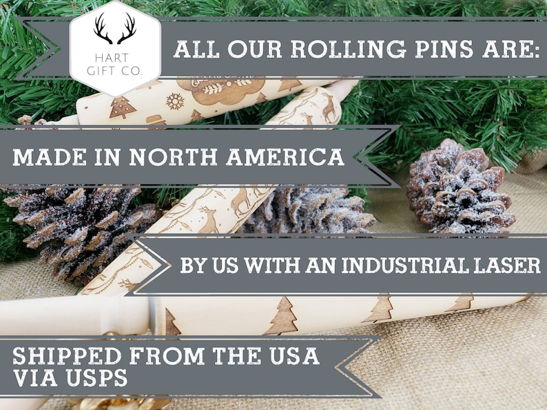 May include: Two wooden rolling pins with laser-etched designs of Christmas trees, snowflakes, and deer. The text "ALL OUR ROLLING PINS ARE: MADE IN NORTH AMERICA BY US WITH AN INDUSTRIAL LASER SHIPPED FROM THE USA VIA USPS" is displayed on the image.