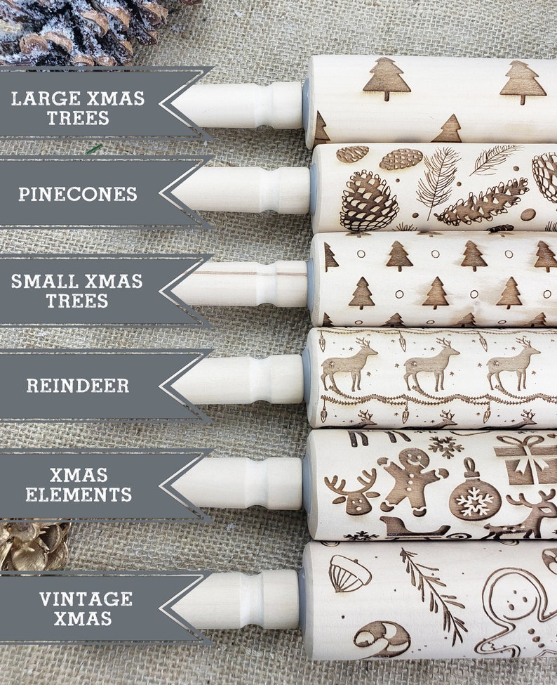 Christmas Baking Embossed Rolling Pins Holiday Cookie Stamps Gifts for Bakers Engraved Wood Rolling Pin Pattern Print Cookie Cutters