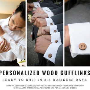 May include: Personalized wooden cufflinks with engraved initials. The cufflinks are round and made of light brown wood. The initials are in a simple, sans-serif font.