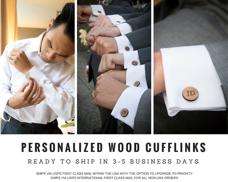 May include: Personalized wooden cufflinks with engraved initials. The cufflinks are round and made of light brown wood. The initials are in a simple, sans-serif font.