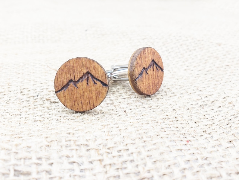 Mountain Cufflinks Wood Cuff Links with Mountains for Outdoorsy Guys, Small Gift for Men Who Like Hiking, Wooden Cufflinks Mountain Man image 5