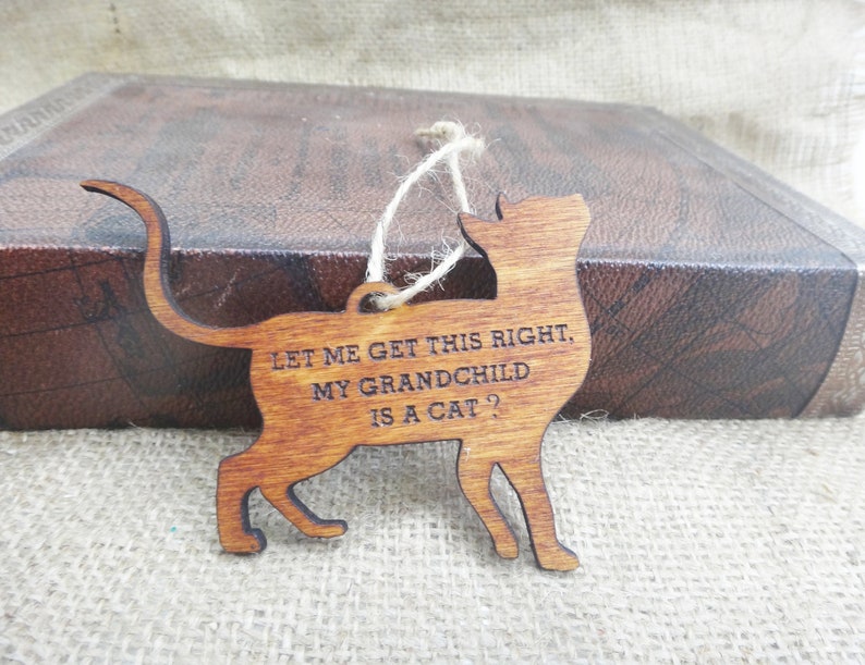 May include: Wooden cat ornament with the text "Let me get this right, my grandchild is a cat?"
