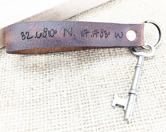Personalized Leather Keychain GPS Coordinates Keychain Longitude Latitude Key Chain Custom Couple Key Fob Leather Anniversary Gifts for Men