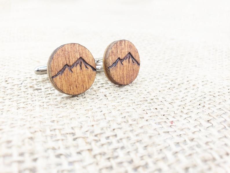 Mountain Cufflinks Wood Cuff Links with Mountains for Outdoorsy Guys, Small Gift for Men Who Like Hiking, Wooden Cufflinks Mountain Man image 1