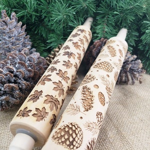 Embossed Rolling Pin Thanksgiving Laser Engraved Wooden Rolling Pin Fall Baking Autumn Leaves Cookie Cutter Gifts for Bakers Housewarming image 2
