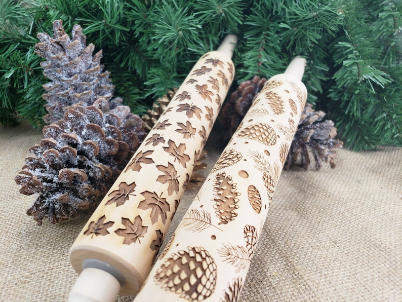 Embossed Rolling Pin Thanksgiving Laser Engraved Wooden Rolling Pin Fall Baking Autumn Leaves Cookie Cutter Gifts for Bakers Housewarming image 2