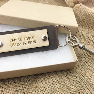personalized keychain leather keychain wood key fob longitude latitude coordinates gift for him wood keyring personalized gifts for him