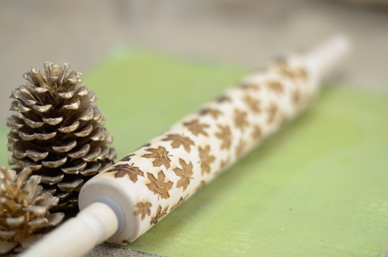Embossed Rolling Pin SET Thanksgiving Cookie Stamp, Engraved Wooden Rolling Pin, Fall Baking Autumn Leaves, Pinecones, Nature Cookie Stamps image 9
