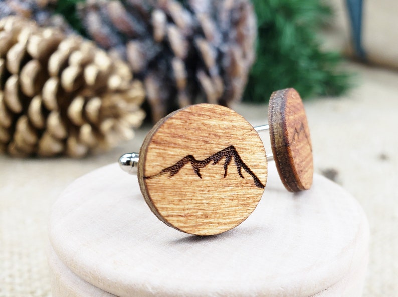 Mountain Cufflinks Wood Cuff Links with Mountains for Outdoorsy Guys, Small Gift for Men Who Like Hiking, Wooden Cufflinks Mountain Man image 4