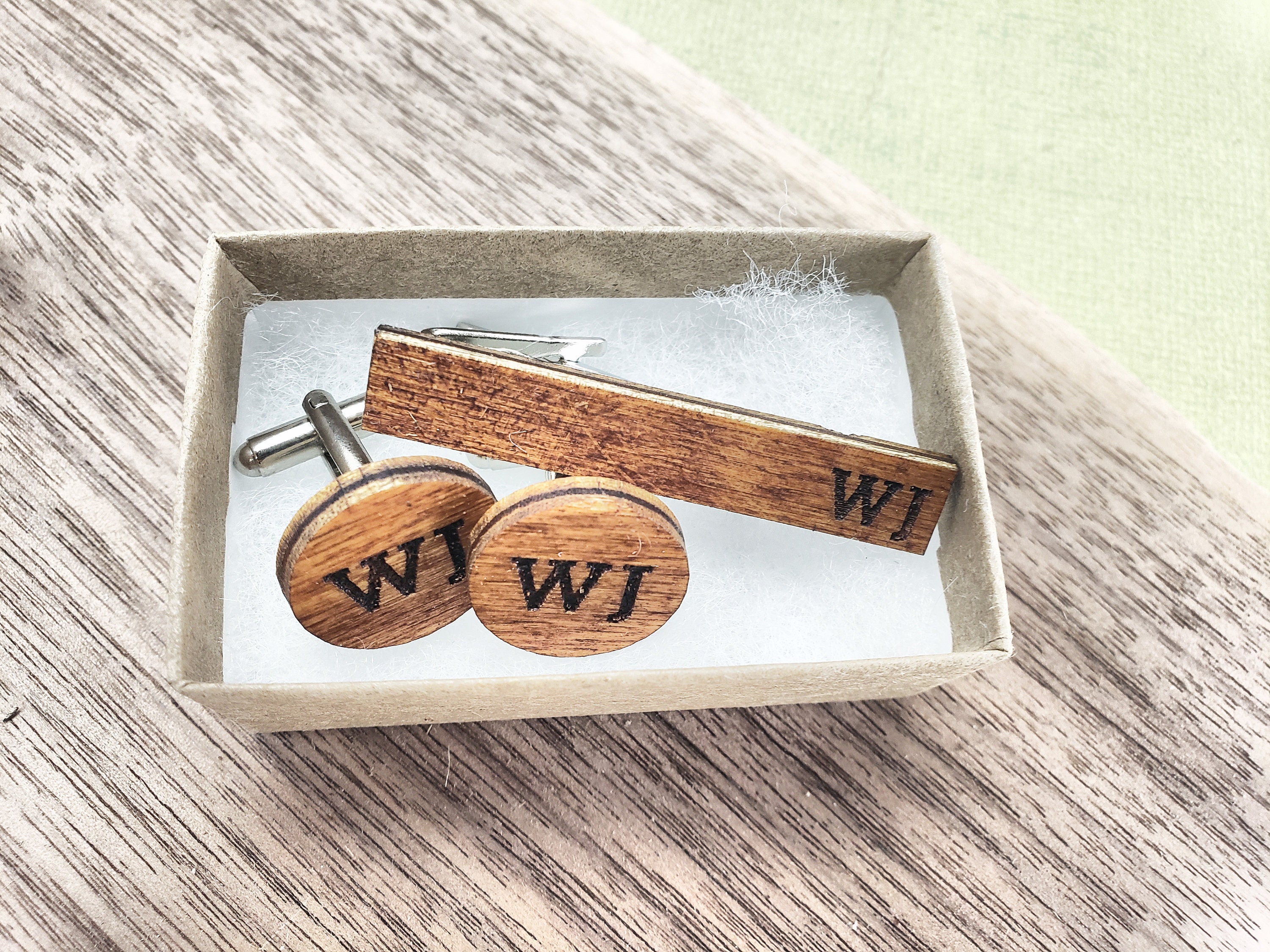 Personalized Engraved Wooden Tie Clip and Cuff link Set 