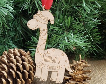 Little Dinosaur Ornament - Baby's First Christmas Gift with Birth Details - Wooden X-Mas Dino Ornament