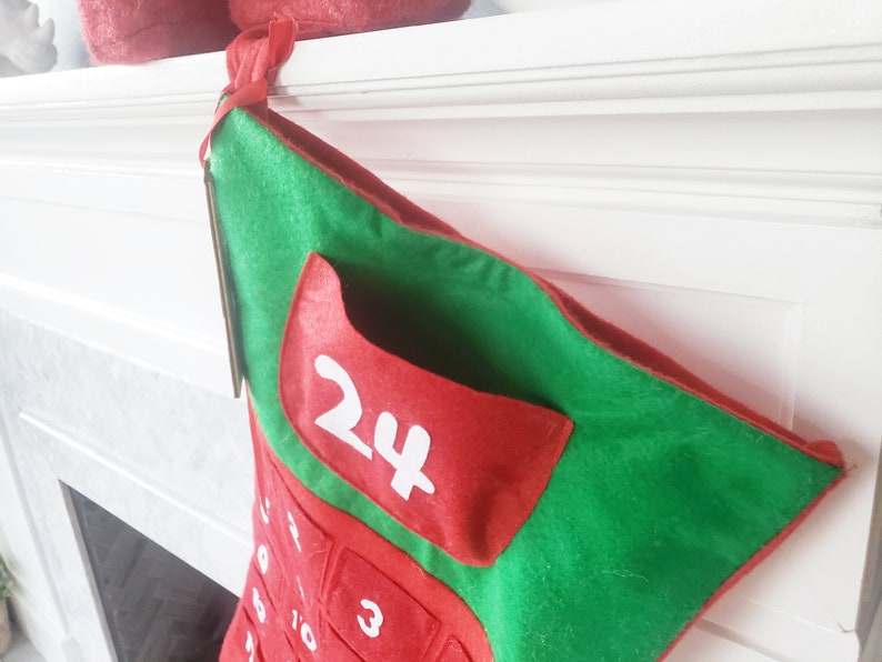 Felt Advent Calendar Personalized Fabric Advent Calendar Refillable Jumbo Christmas Stocking Santa Sack Reusable Wood Wall Hanging image 5