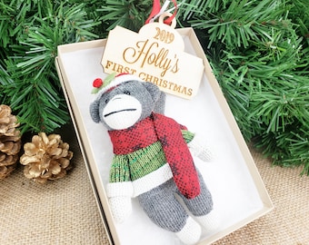 Aap gepersonaliseerde kerst ornament / sok aap ornament / baby's eerste kerst ornament / pluche aap gevulde dier ornament cadeau